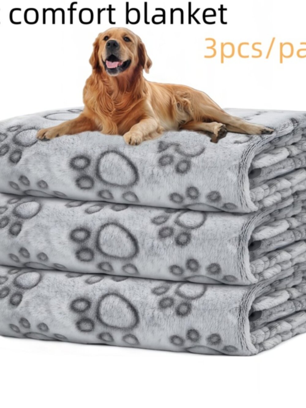 New 3-Pack Soft Fleece Pet Comfort Blankets - Cute Grey Paw Print Set